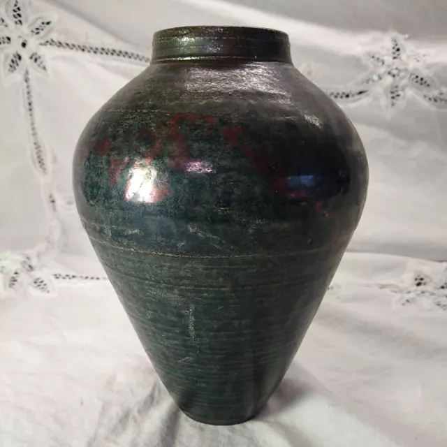 Raku Art Pottery Vase Slightly Iridescent Glaze over Black Artist Signed 1990