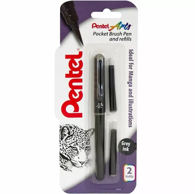 Pentel Pocket 'Chinese' Brush Pen & 2 Refills (FP10) - Black Barrel - Grey Ink 2