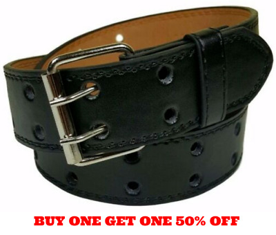 Genuine Leather Two Prong Double Row Holes Casual Plain Black Belt