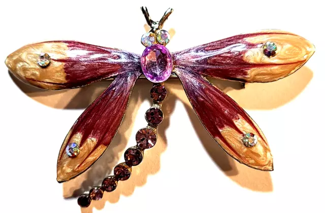 Vintage Stunning  Gold Tone Multi Color Crystal Enamel Dragonfly Pin Brooch