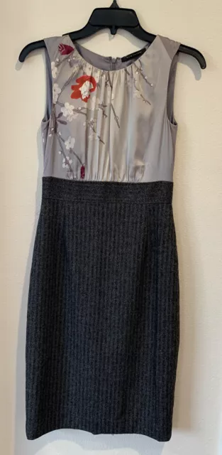 Elie Tahari dress US sz 0 silk Bodice and Wool tweed Skirt knee Length Grey Xs