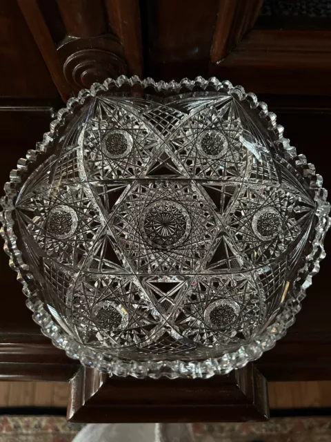 AMERICAN BRILLIANT ABP Deep Cut CRYSTAL GLASS BOWL 7” Hobstars SAWTOOTH, Antique