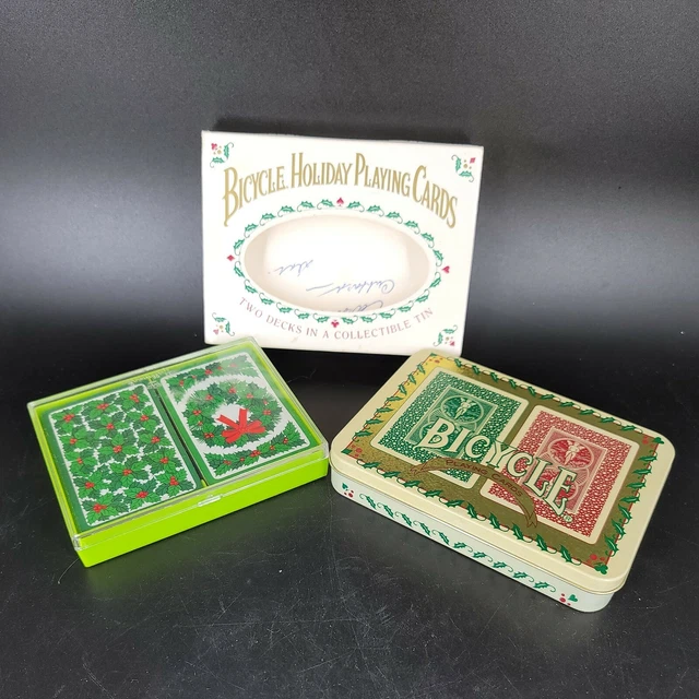 VTG Playing Cards Double Deck Holly Christmas Hallmark & Bycycle Collectable Tin