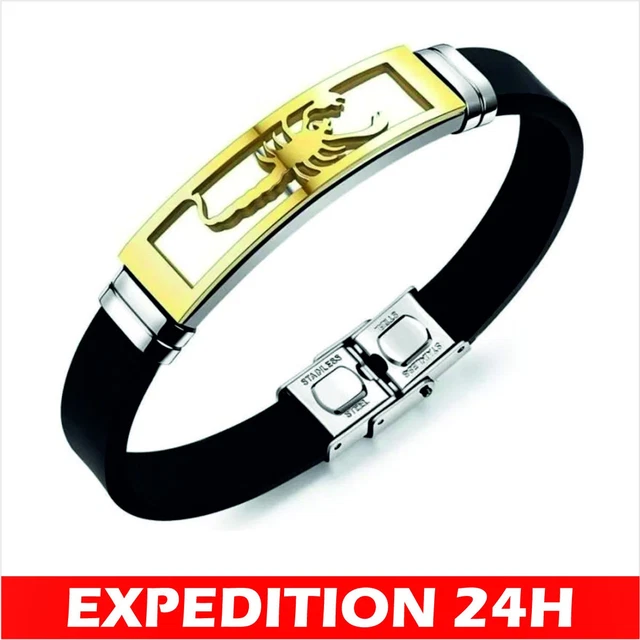 Bracelet Homme Cuir Noir Et Acier Inoxydable - Fermoir Magnétique - Tailles 19/21/23 Cm