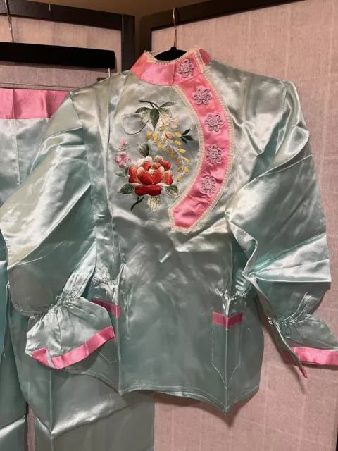 Vintage Japanese Pink Embroidered Handmade Satin Pant Suit PJ’s Pajamas - New