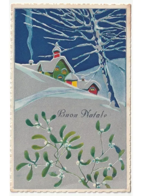 1938 Paysage Enneigé Case Colorées Gui Carte Postale Joyeux Noël Déco