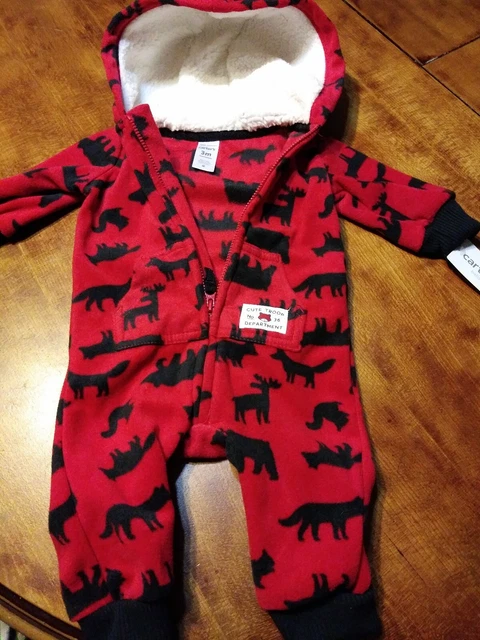 Carters Infant Boys Red bear Hooded Fleece Jumpsuit Coverall Outfit 3M