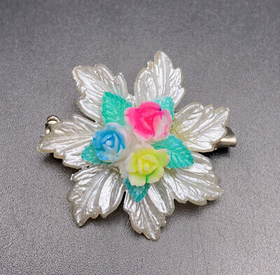 Small Plastic Flower Brooch Pin Vintage White Pink Blue Floral Celluloid Style
