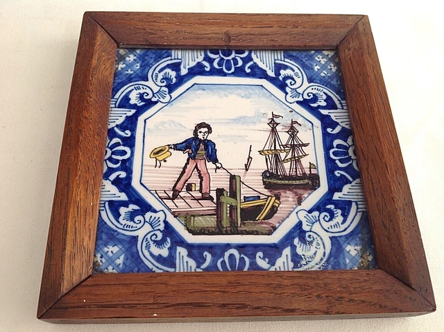 Antique ceramic hand painted tile sailor boat Dutch ?