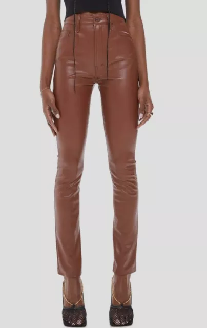 $228 Mother Women's Brown Rail Skimp-Straight Faux Leather Ankle Pants Size 27