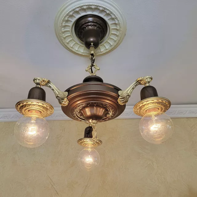 403c Antique ceiling light fixture brass chandelier glass shade victorian 1910's