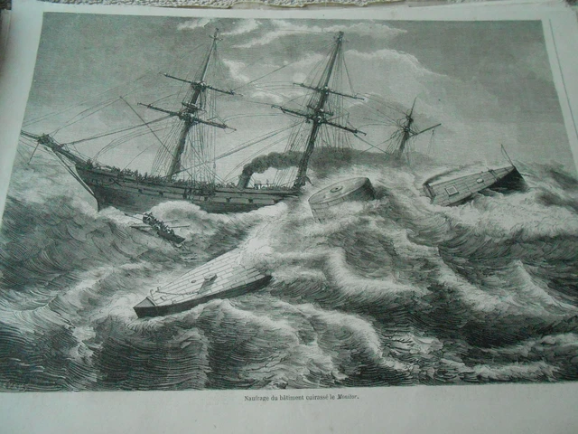 1863 engraving - shipwreck of the armoured building Le Monitor