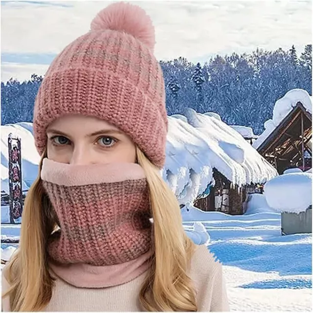 Womens Winter Warm Knitted Beanie Hat With Scarf Neck Warmer Wooly Ski Snow Cap 3