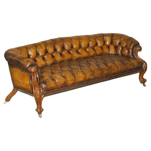 Antique Victorian 1860 Show Frame Carved Walnut Chesterfield Brown Leather Sofa