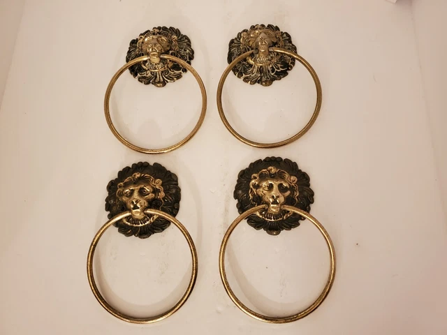 VINTAGE Set of 4 BRASS LION HEAD TOWEL RING
