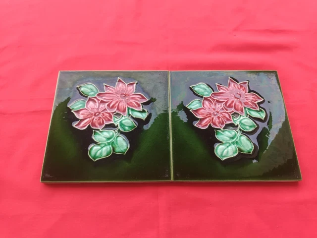 2 Piece Old Art Flower Design Embossed Majolica Ceramic Tiles England 0196 2