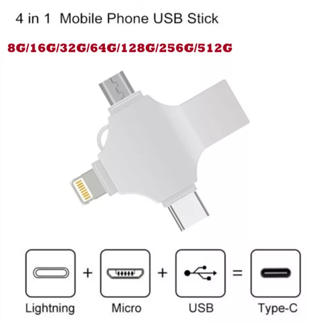 2TB 64/128/256/512GB 4 in 1 USB 3.0 USB-C Flash Drive Stick For iPhone Samsung