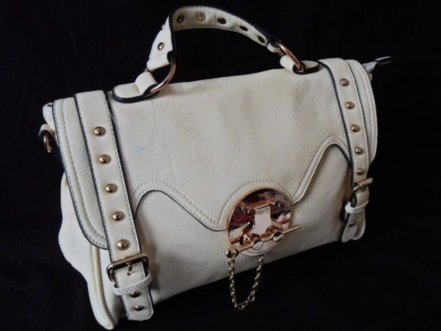 New Cream LEATHER Look / Stud Buckle Detail Satchel / Shoulder Bag / Handbag