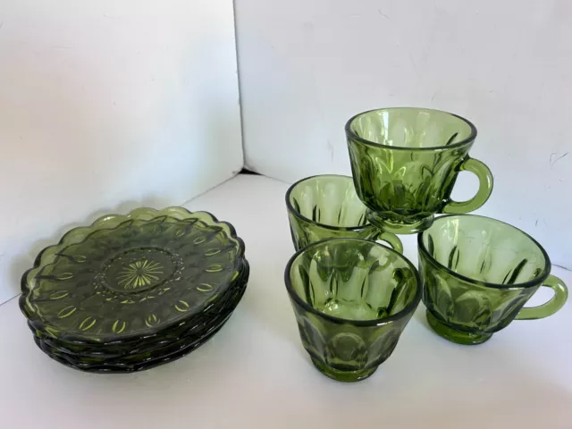 Vtg Green Depression Glass Indiana Whitehall Colony Cup Saucer Lot of 4