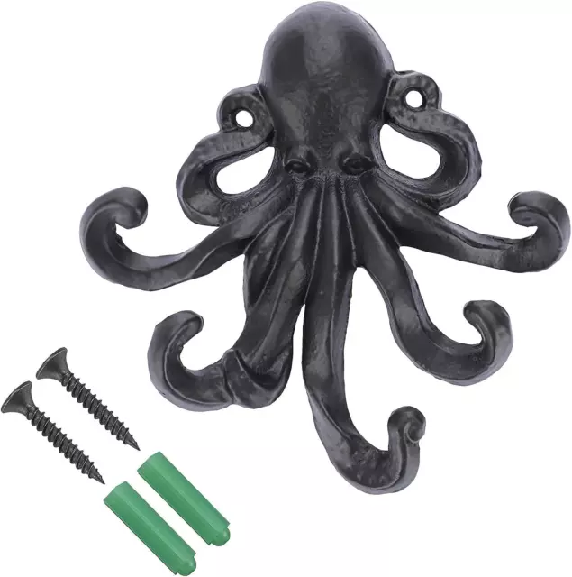 Sumnacon 6 Inch Cast Iron Octopus Coat Hook - Rustic Metal Wall Rack Black