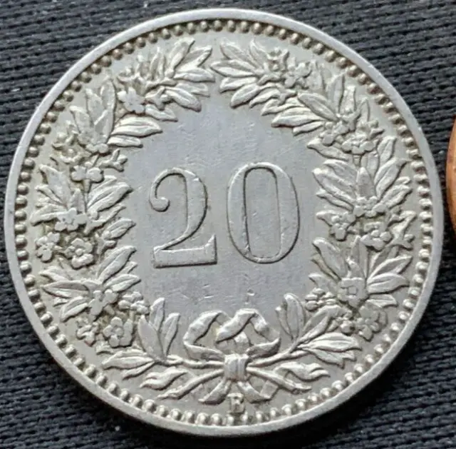 1912 Switzerland 20 Rappen Coin XF AU   ( 2 Million Minted )  World Coin #M162