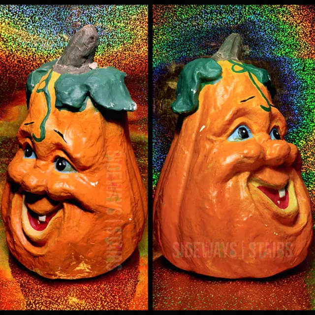 13" SILLY PAPER MACHE PUMPKIN vintage Halloween chubby face jack o lantern RARE 2