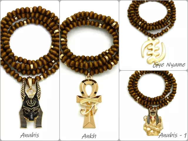 Egypt God Anubis, Ankh, Gye Nyame Pendant 6mm 30" Brown Wooden Bead Necklace