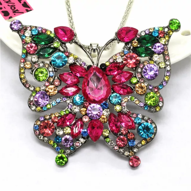 Fashion Rhinestone Blue Butterfly Crystal Pendant Sweater Chain Women Necklace
