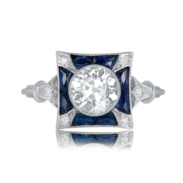 Art Deco Style 2Ct Old European Cut Lab-Created Diamond And Sapphire Silver Ring