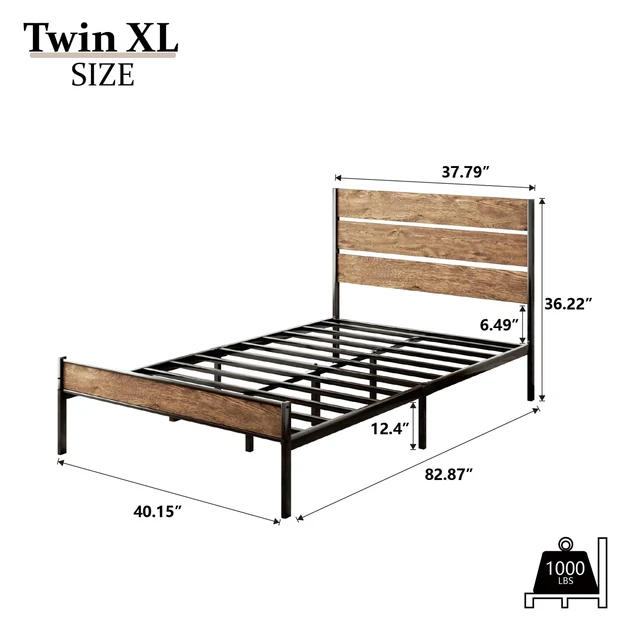 CXVX TWINXL SIZE Metal Platform Bed Frame with Modern Wooden Headboard