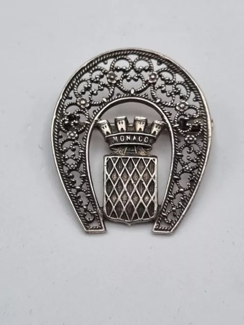 Vintage Souvenir Monaco Silvertone Filigree Brooch Pin Emblem Trombone
