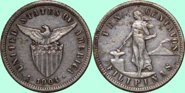 1904-S US/Philippines 10 Centavos ~ XF Details ~ 90% Silver ~ Allen#7.03 ~ Y167