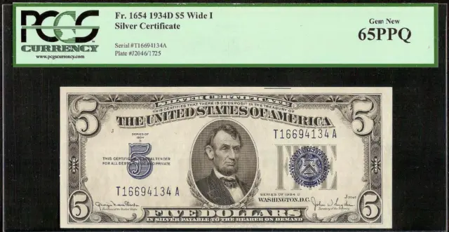 1934 D $5 Dollar Bill Silver Certificate Note Paper Money Gem Unc Pcgs 65 Ppq