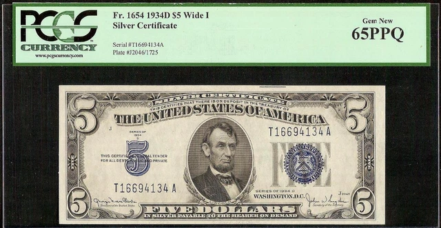1934 D $5 Dollar Bill Silver Certificate Note Paper Money Gem Unc Pcgs 65 Ppq