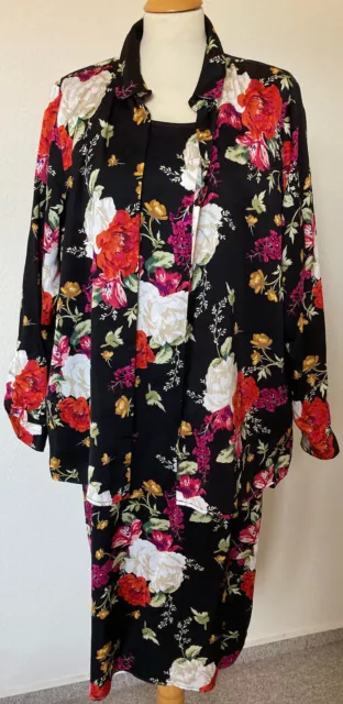 Hermoso Mujer Ensemble Talla XL Vestido & Chaqueta Blusas Negro Estampado 2tlg