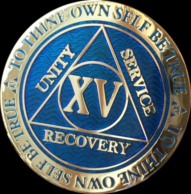 15 Year AA Medallion Blue Gold Plated Alcoholics Anonymous Sobriety Chip Coin 3