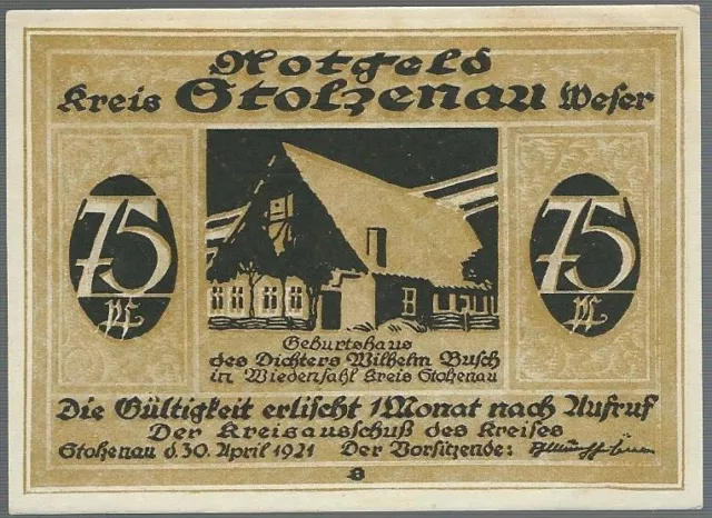 Notgeld - Kreis Stolzenau a. d. Weser - 75 Pfennig - 1921 - Motiv 2 /Geburtshaus