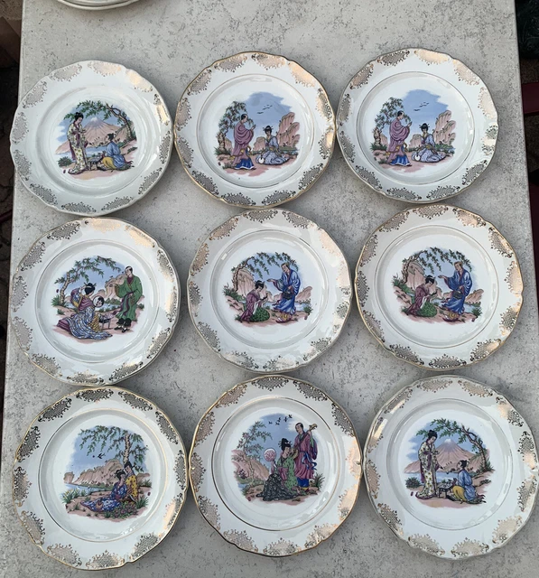 Lot De 12 Petites Assiettes à Dessert – Faïence St Amand – Décor Japonisant Scène Galante