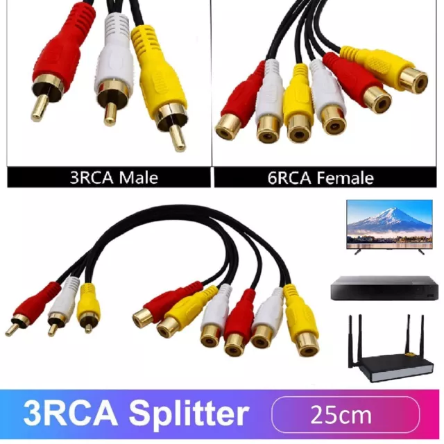 3RCA Male Jack to 6 RCA Female Plug Splitter Audio Video AV TV DVD Adapter Cable