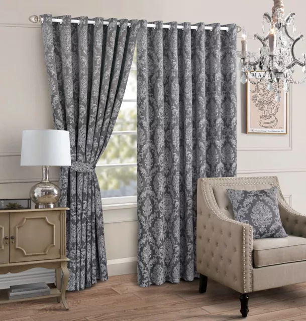 Luxury Jacquard Eyelet Curtains Fully Lined Ready Made Pair Ring Top Window