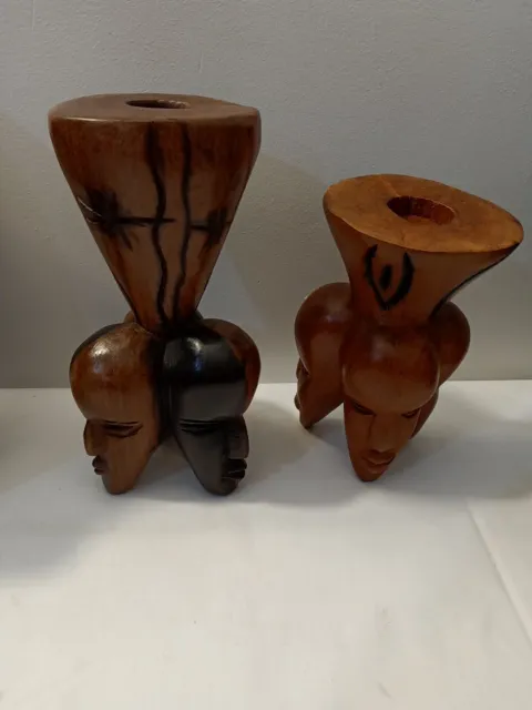 VTG TEAK Wood 3 Faced African Candle Holder Women Men Art Deco Folk Art 7" & 5"