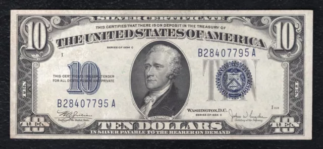 Fr. 1704 1934-C $10 Ten Dollars Silver Certificate Currency Note About Unc (B)