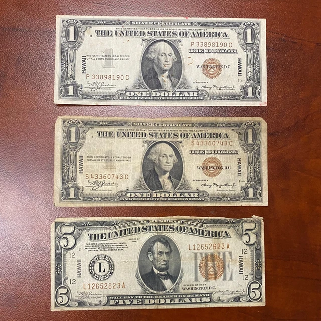 Lot of 3 1935 A Silver Certificate One Five Dollar Hawaii Note