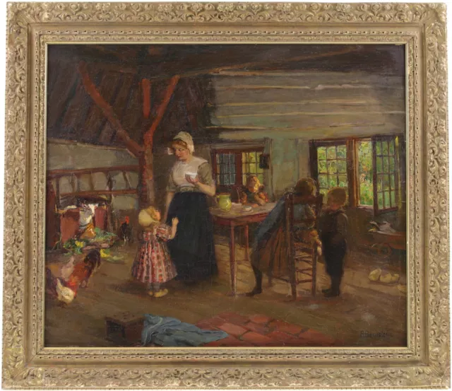 Family in a Cottage Antique Oil Painting by Anna Bernstein (German, 1884-1919)