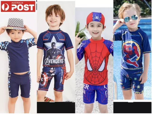 Boys kids swimwear Captain America swimsuit top trunk cap bather swimmer