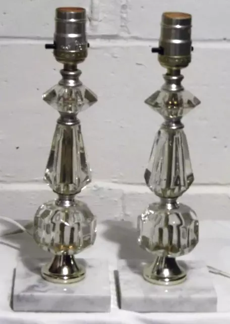 Vintage Pair Art Deco Stacked Glass Boudoir Lamps With Marble Bases 12"