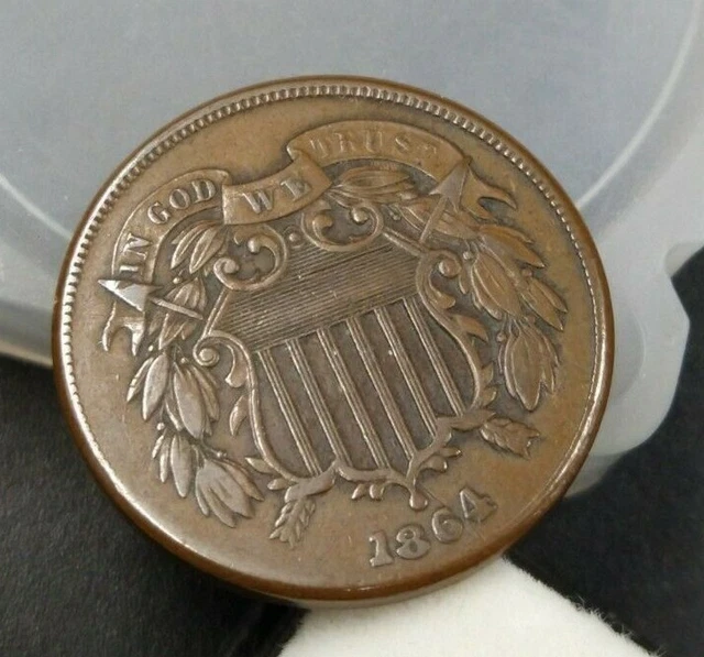 1864 2C Two Cent Copper Coin Piece LM MISALIGNED DIE ERROR + RPD CH VF VERY FINE