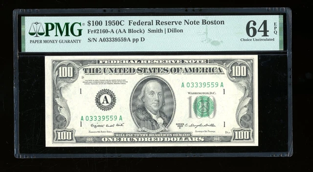 DBR 1950-C $100 FRN Boston Fr. 2160-A PMG 64 EPQ Serial A03339559A
