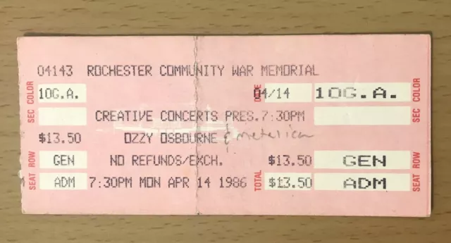 1986 Ozzy Osbourne Metallica With Cliff Burton Rochester Ny Concert Ticket Stub