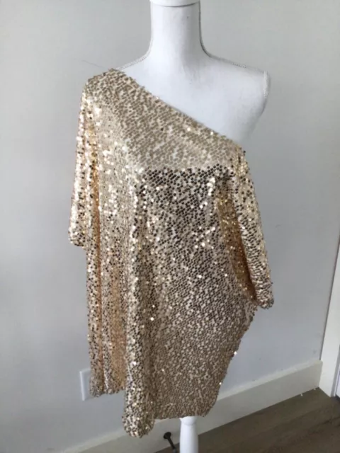 ANNA KACI TOP Sparkle & Shine Collection One Shoulder Gold Sequin SZ ...